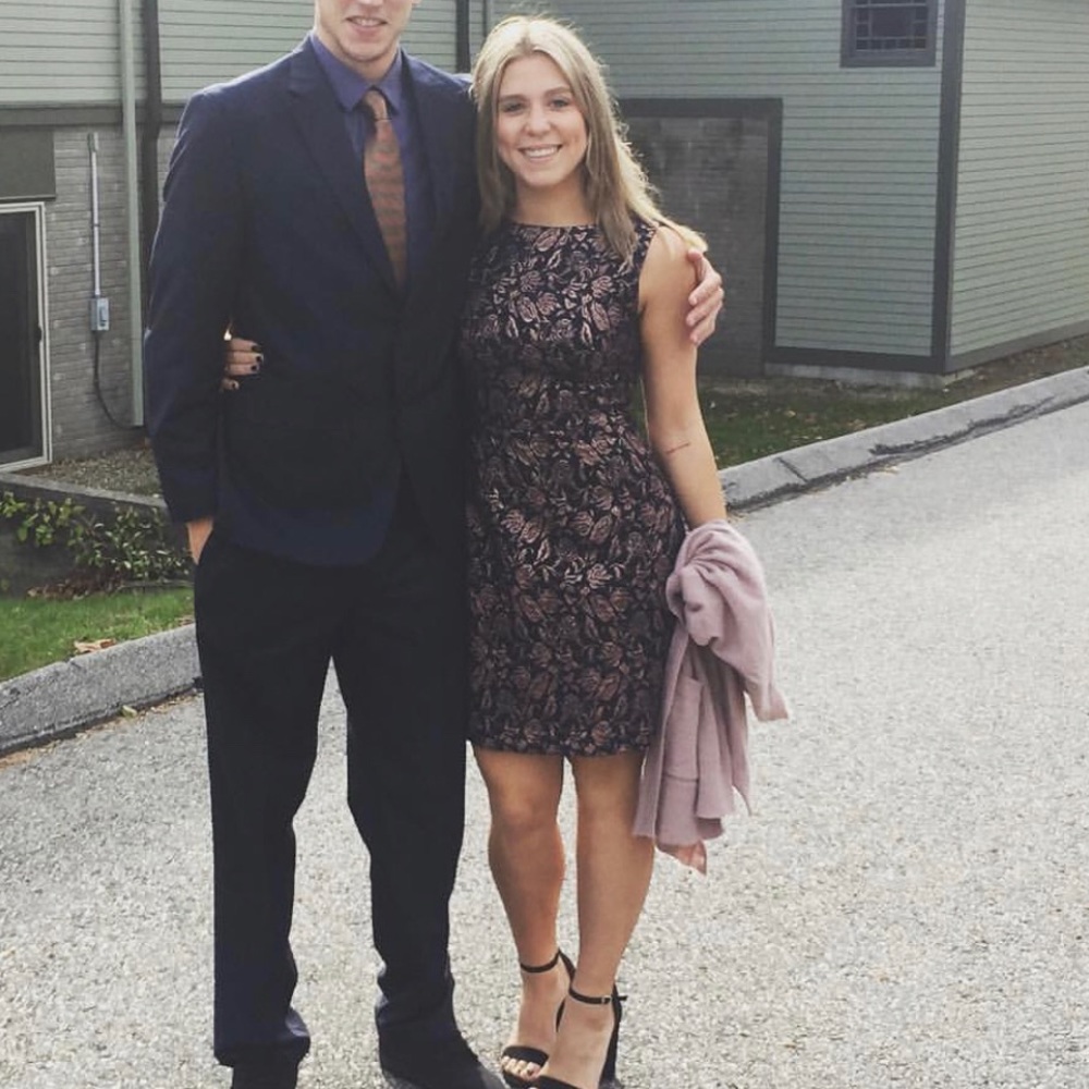 Navy Blue Rose Gold embroidered midi Betsy Johnson